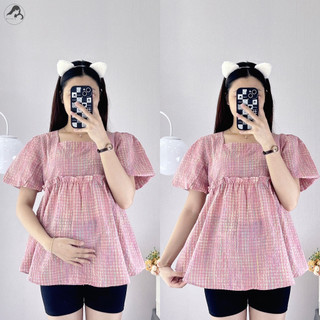 Áo Bầu Xinh Dáng Babydoll Công Sở Cổ Vuông Tay Phồng Nhún Eo Mặc Đi Làm, Đi Chơi Chất Mát ( 50 - 95kg ) [ ẢNH THẬT ]