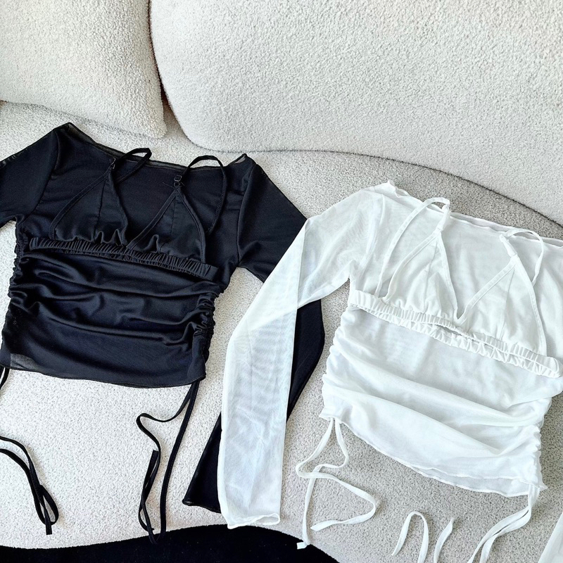 Áo Thun Lưới Tay Dài Kèm Bra Trong Rút Dây A308