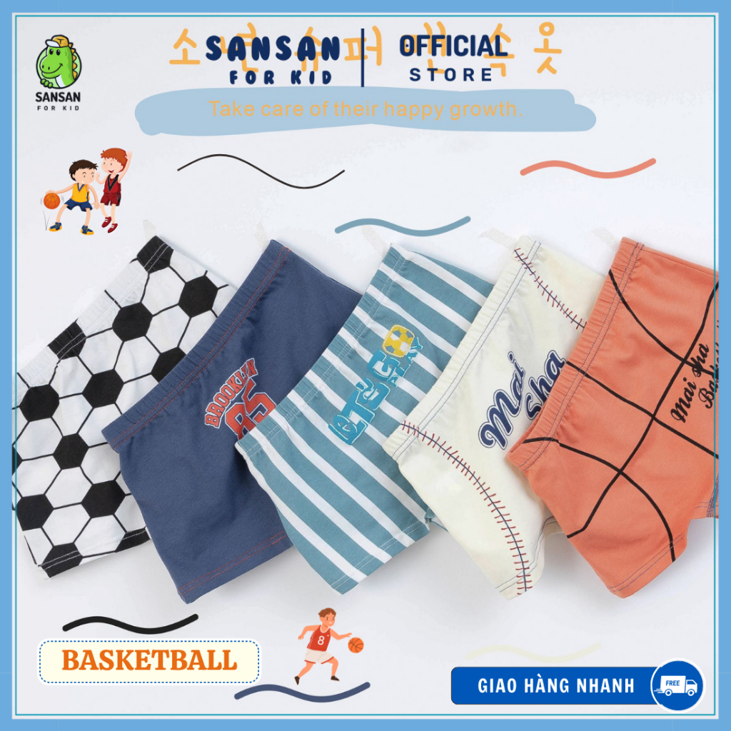 Combo 5 quần sịp bé trai thun cotton mềm, họa tiết bóng rổ nổi bật, thấm hút mồ hôi cho bé từ 3-12 tuổi