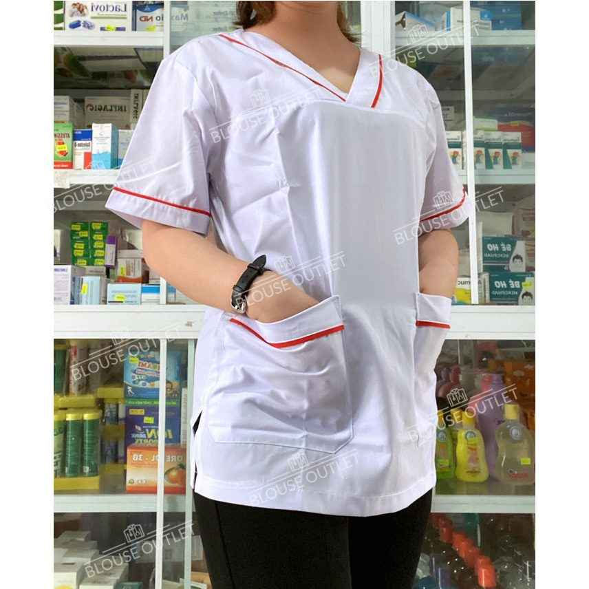 Áo blouse trắng cổ tim viền đỏ cho điều dưỡng, y tá, dược sĩ - Đồng phục blue trắng quầy dược, phòng khám, spa