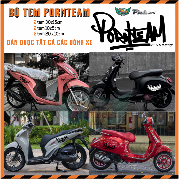 Set bộ 6 tem Pornteam dán được tất cả các xe, tem Porn team in trong, trắng, phản quang. Chống nước,