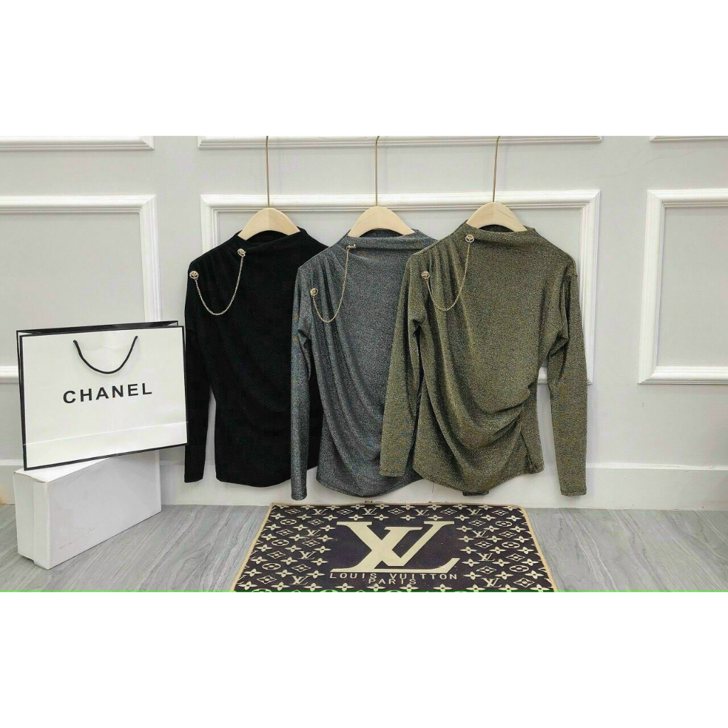 Áo nhũ lệch vai nhúm eo, Áo kiểu dài tay nhún vai dáng ôm  A08