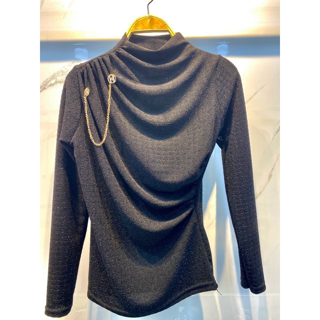 Áo nhũ lệch vai nhúm eo, Áo kiểu dài tay nhún vai dáng ôm  A08