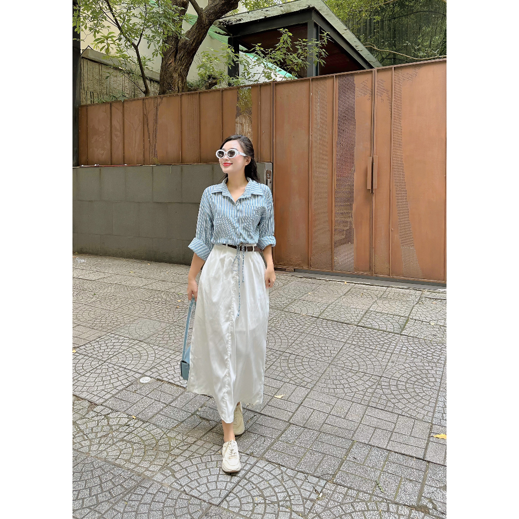 SET SƠ MI SỌC 3 MÓN: ÁO SƠ MI SỌC XANH + CHÂN VÁY SUÔNG TRẮNG + DÂY NỊT NÂU