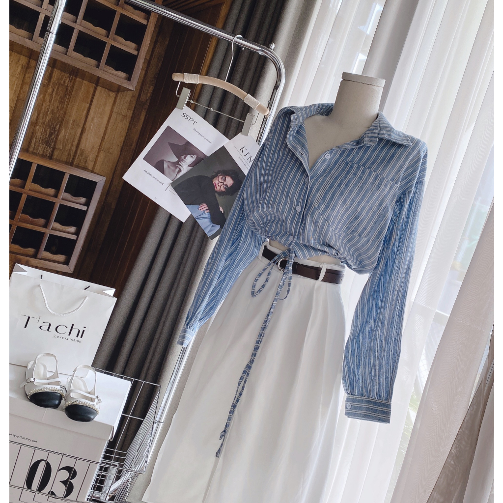 SET SƠ MI SỌC 3 MÓN: ÁO SƠ MI SỌC XANH + CHÂN VÁY SUÔNG TRẮNG + DÂY NỊT NÂU