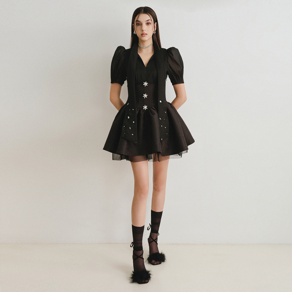 DARLING.ISM - Đầm ngắn dây nơ đính đá Harley Dress vải bố phối vải tơ