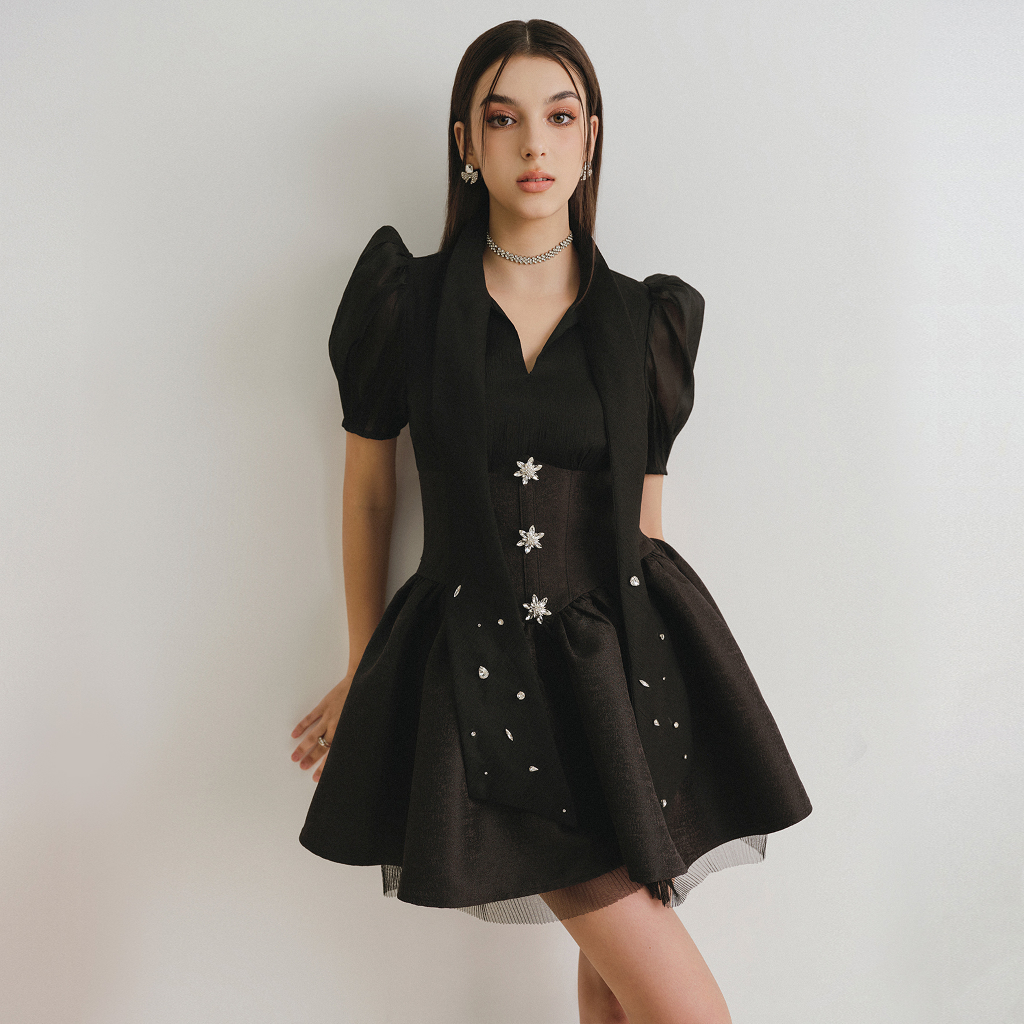 DARLING.ISM - Đầm ngắn dây nơ đính đá Harley Dress vải bố phối vải tơ