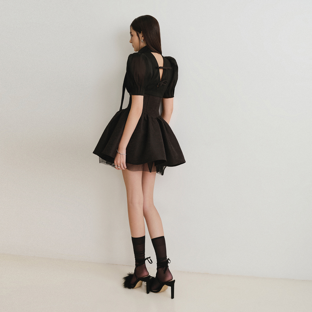 DARLING.ISM - Đầm ngắn dây nơ đính đá Harley Dress vải bố phối vải tơ