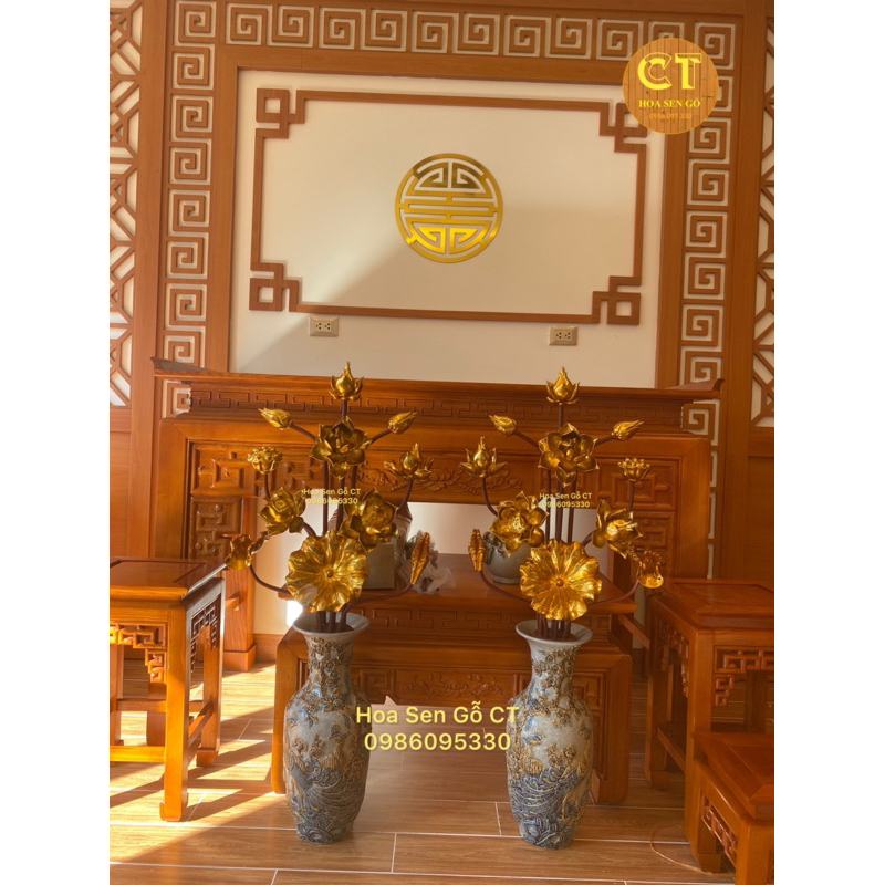 ❤ Hoa Sen Gỗ Sơn Son Thếp Vàng Hàng Vip Size To Cắm Bình Sứ ❤ Không Kèm Bình