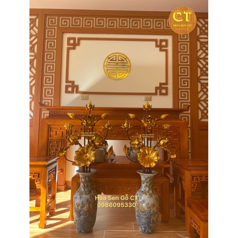 ❤ Hoa Sen Gỗ Sơn Son Thếp Vàng Hàng Vip Size To Cắm Bình Sứ ❤ Không Kèm Bình