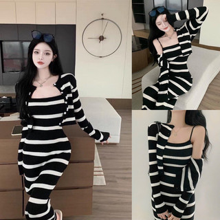 Đầm Body 2 Dây Len Sọc Kèm Áo Khoác Sét Đầm Len 2 Món Freesize Đầm Body Bigsize Quỳnh Anh Từ 50kg Đến 100kg M/L/XL/XXL