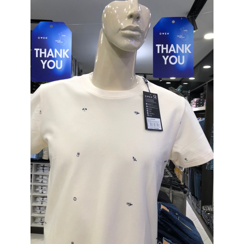 Áo T-shirt owen màu be họa tiết cổ tròn vải cotton TSN231465