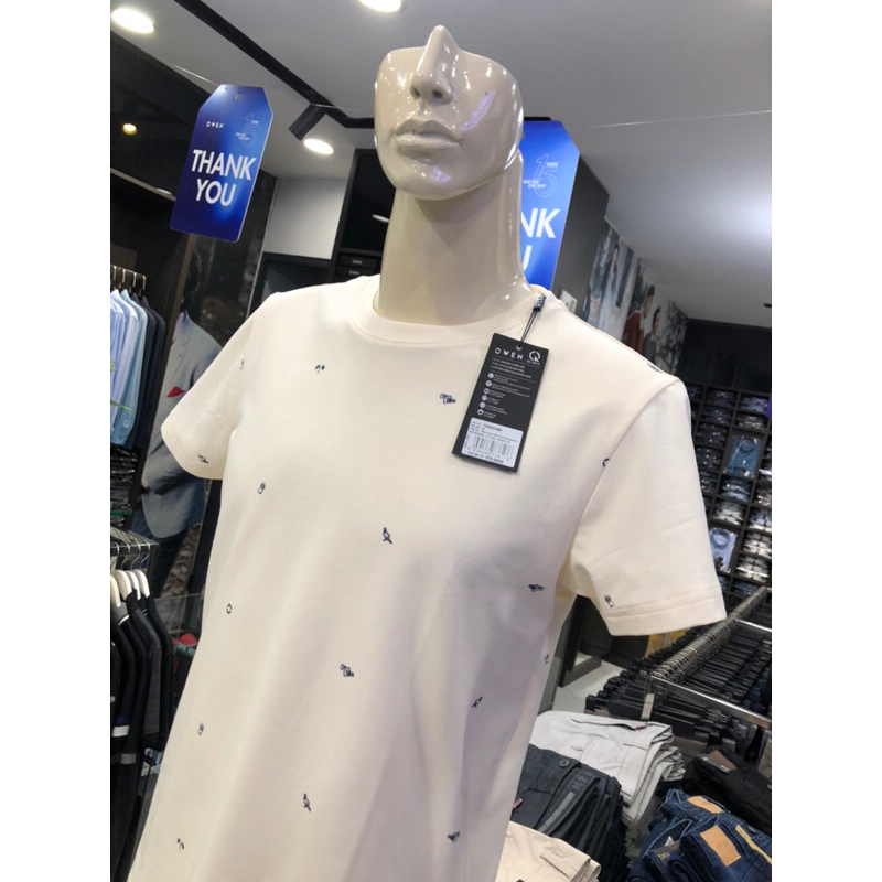 Áo T-shirt owen màu be họa tiết cổ tròn vải cotton TSN231465