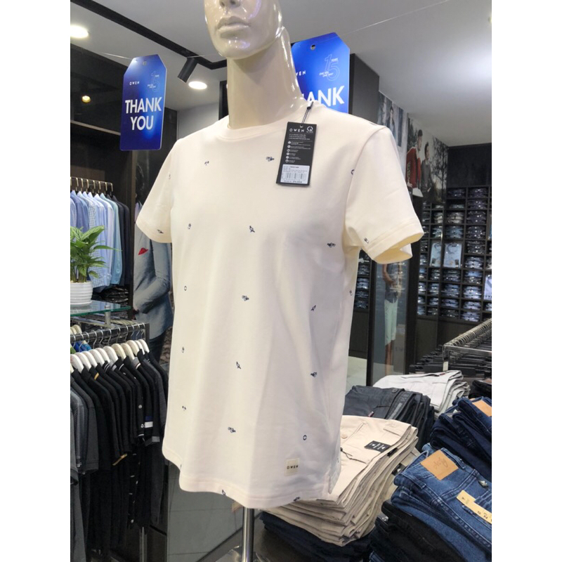 Áo T-shirt owen màu be họa tiết cổ tròn vải cotton TSN231465