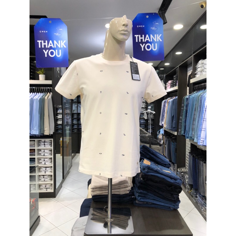 Áo T-shirt owen màu be họa tiết cổ tròn vải cotton TSN231465