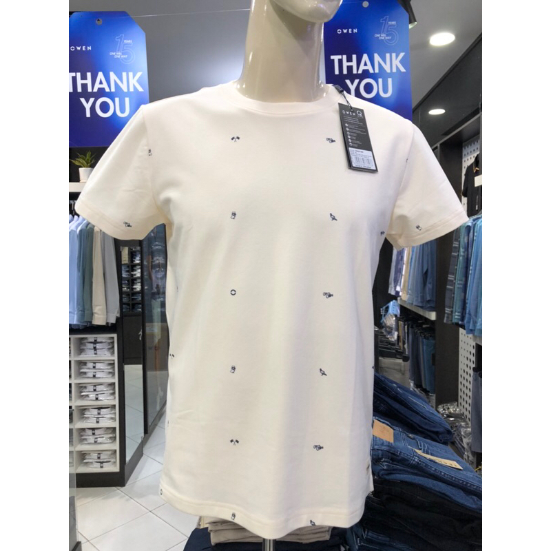 Áo T-shirt owen màu be họa tiết cổ tròn vải cotton TSN231465