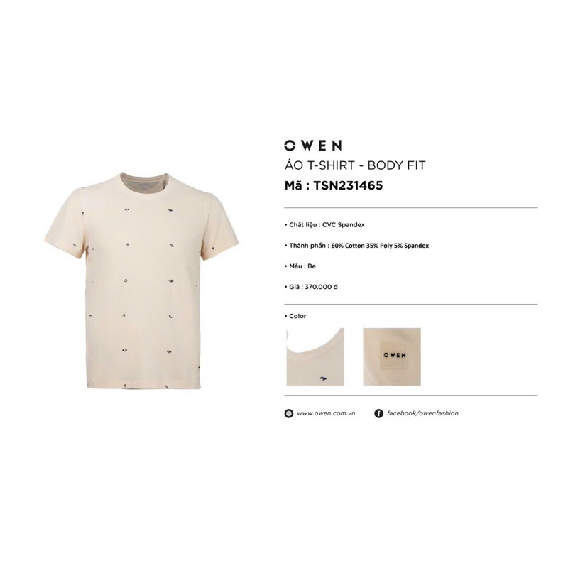 Áo T-shirt owen màu be họa tiết cổ tròn vải cotton TSN231465