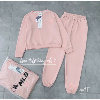 Set nỉ da cá trơn thêu hồng phấn siêu xinh - Set nỉ da cá hồng nữ tính siêu cute Lanasecret AT LN12