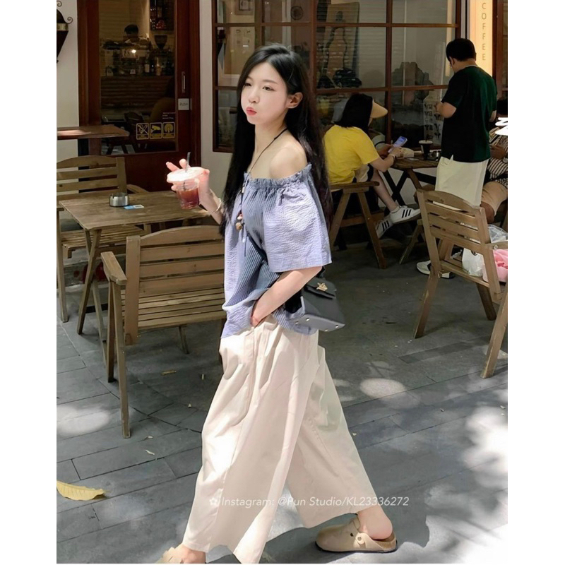 Set bẹt vai mix quần suông