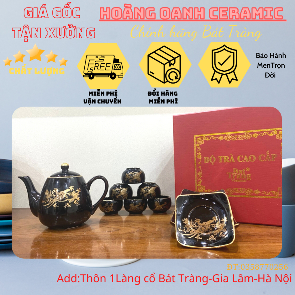 (CHỌN MẪU)Ấm Chén Bát Tràng - Ấm chuông vẽ Thuận Buồm Xuôi Gió vàng kim