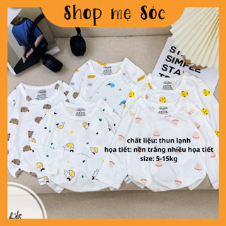 Áo dài tay chất thun lạnh nền trắng họa tiết thú đáng yêu, có cúc cài vai cho bé từ 4-14kg Mesocshop