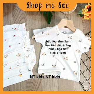 Áo cộc chất thun lạnh nền trắng họa tiết thú đáng yêu, có cúc cài vai cho bé từ 4-14kg Mesocshop