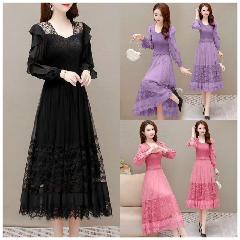 Đầm xòe dập ly cổ phối ren tay bèo cao cấp