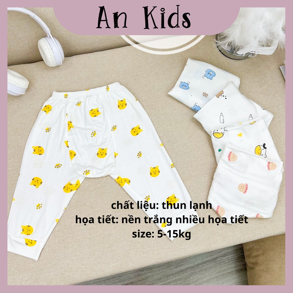 Quần dài chục đáp đũng cho bé trai bé gái chất thun lạnh nền trắng họa tiết thú đáng yêu 5-15kg Ankidsstore