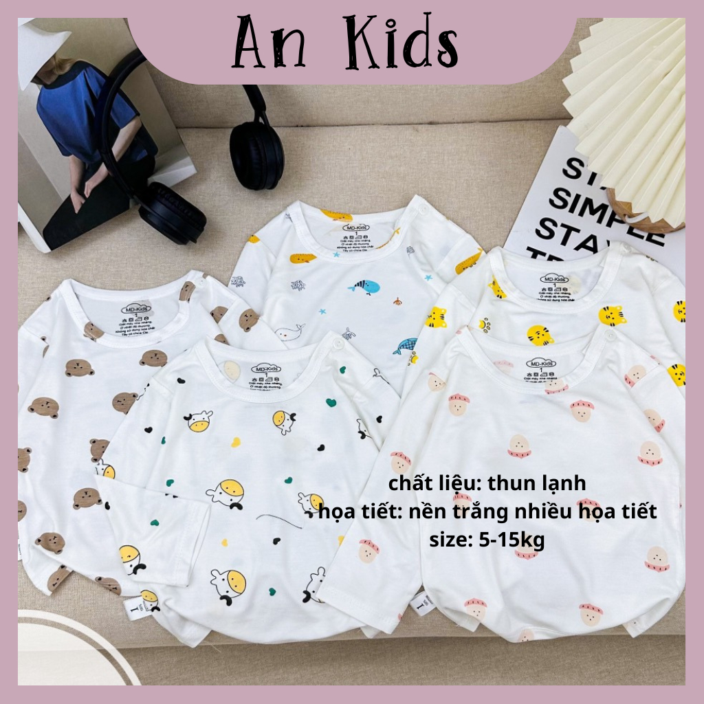 Áo dài tay chất thun lạnh nền trắng họa tiết thú đáng yêu, có cúc cài vai cho bé từ 5-15kg Ankidsstore
