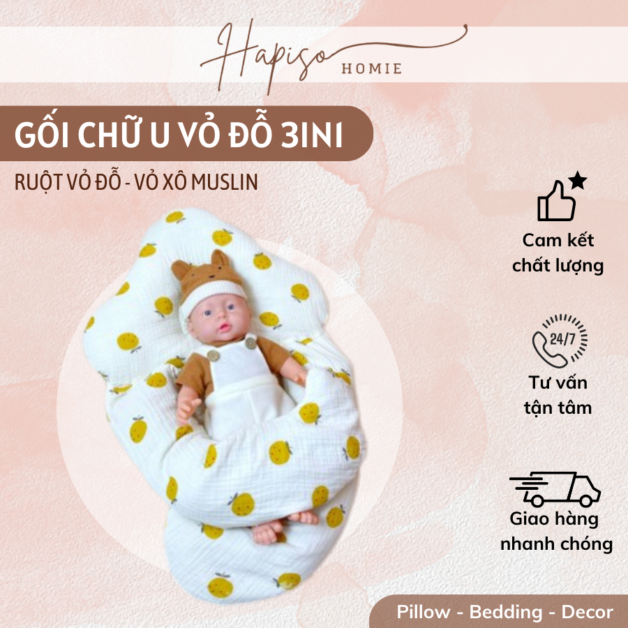 Gối Chữ U Vỏ Đỗ 3in1 (Vỏ Xô Muslin)