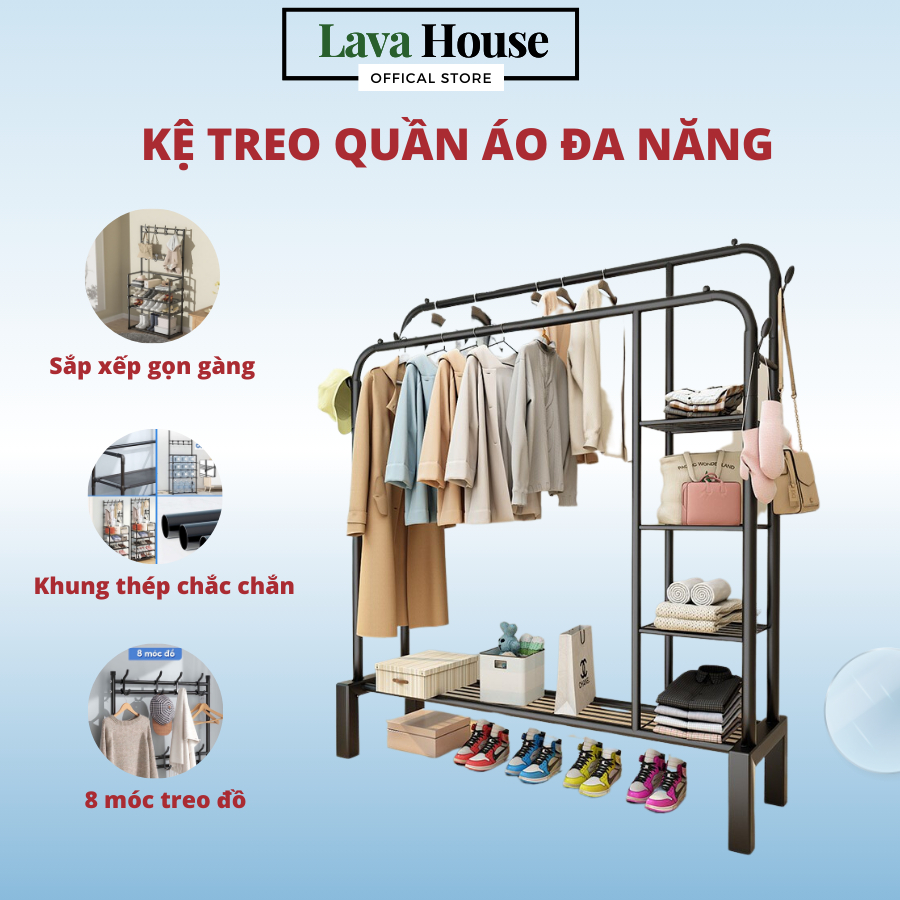 Kệ Treo Quần Áo, Giá Treo Quần Áo Đa Năng 2 Tầng Khung Kim Loại Chắc Chắn Thiết Kế Hiện Đại Cho Gia Đình, Sinh Viên