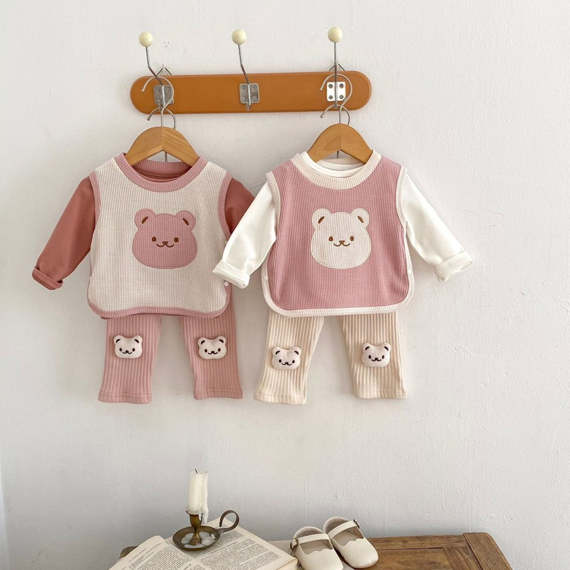 Set bộ 3 món gấu hồng tone sur tone cực xinh cho bé 🐻