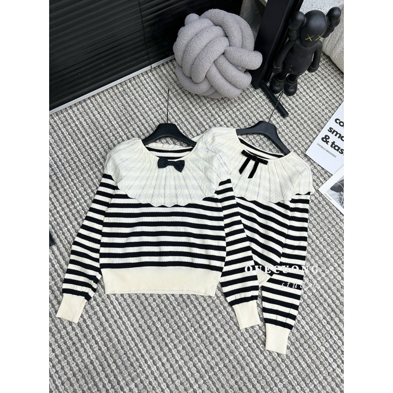 Áo Len Kẻ Cổ Bèo Nơ