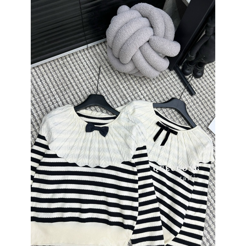 Áo Len Kẻ Cổ Bèo Nơ