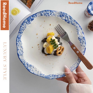 Đĩa sứ reedhome 20cm màu trắng viền xanh giả đá, đĩa salad nhà hàng