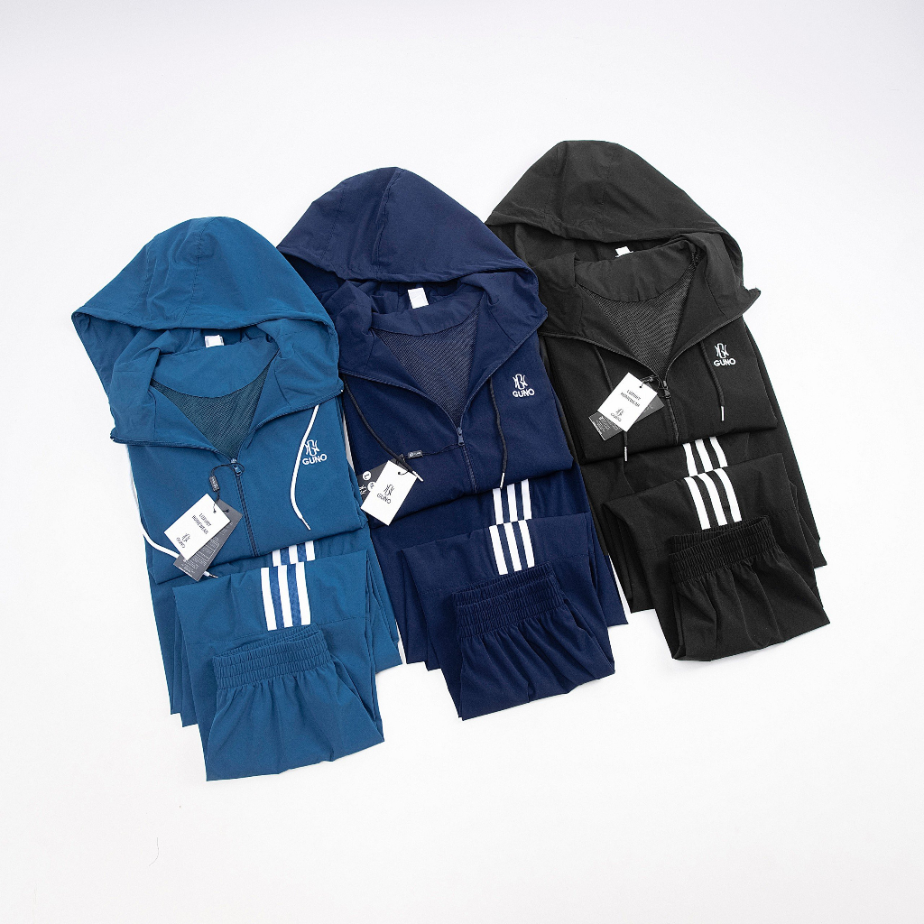 Bộ gió thể thao nam GUNO 23DBNA06 sọc bản to cao cấp, set đồ thu đông có mũ dây rút lót lưới dày dặn thethao.vnxk