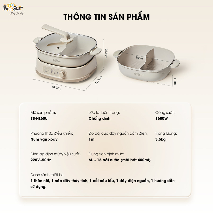 Nồi Lẩu 2 Ngăn BEAR-SB NL60U, Tiện Lợi Cho Mọi Gia Đình- Bảo Hành 12 Tháng