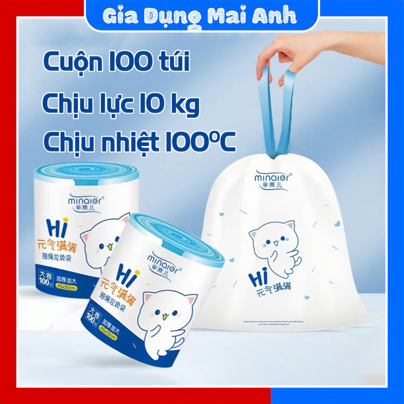 Túi đựng rác tự phân huỷ Minaier, cuộn 100 túi đựng rác có dây rút tiệ