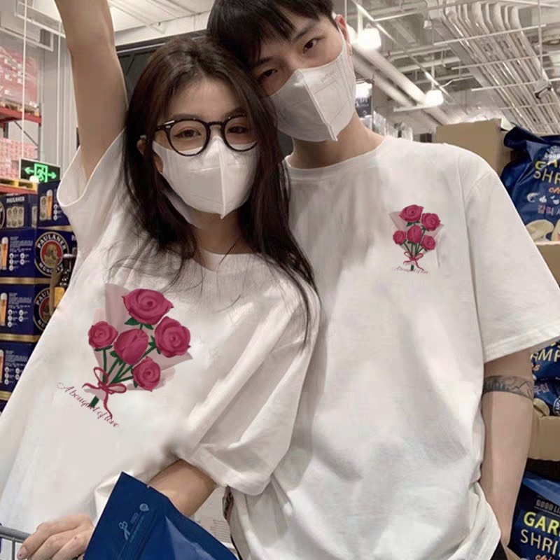 Áo cặp nam nữ, áo phông đôi in hình hoa hồng đáng yêu  chất cotton thoáng mát thấm hút