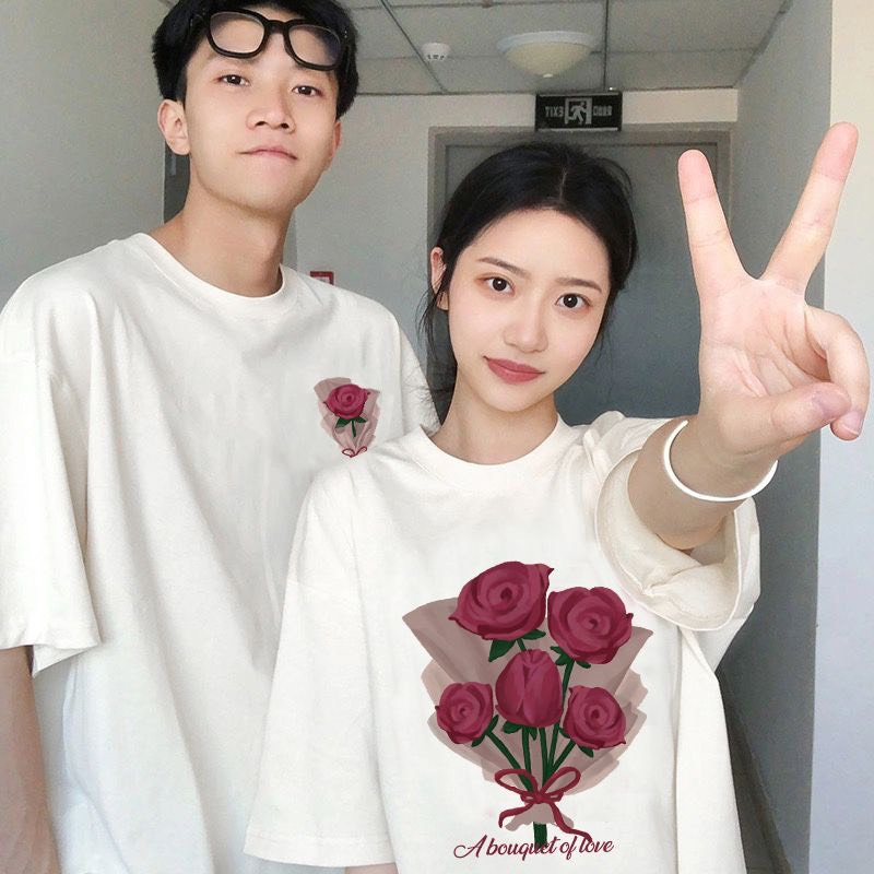 Áo cặp nam nữ, áo phông đôi in hình hoa hồng đáng yêu  chất cotton thoáng mát thấm hút