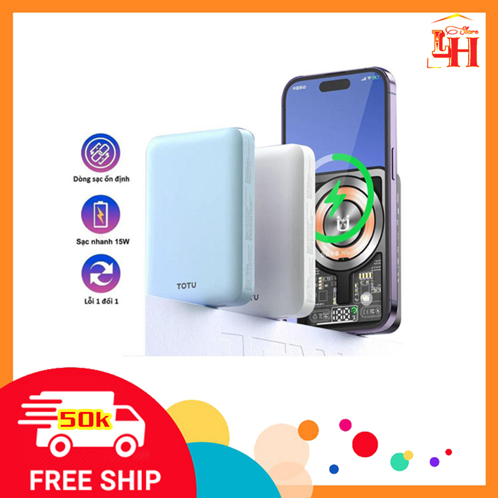 Sạc Dự Phòng Không Dây Từ Tính 5000Mah Cpbw - 015 Chính Hãng Totu Dùng Cho Máy 12/13/14Promax Trở Lên Sạc Nhanh Bh 12 T