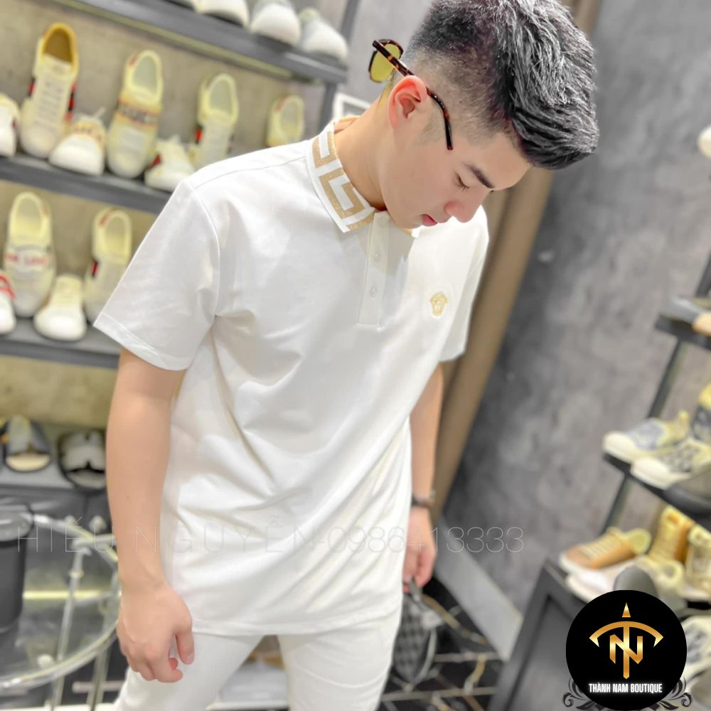 Áo Polo Nam Thêu Logo VERSACEE, Cổ Áo Phối Họa Tiết Sắc Nét, Chất Cotton Cao Cấp - Áo Phông Cổ Bẻ Nam Sang Trọng