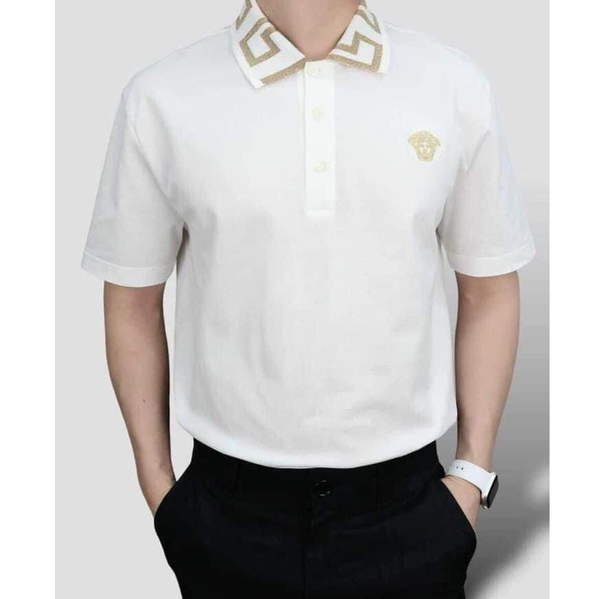 Áo Polo Nam Thêu Logo VERSACEE, Cổ Áo Phối Họa Tiết Sắc Nét, Chất Cotton Cao Cấp - Áo Phông Cổ Bẻ Nam Sang Trọng