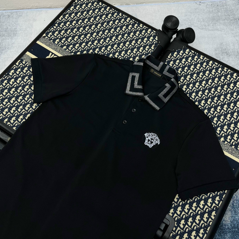 Áo Polo Nam Thêu Logo VERSACEE, Cổ Áo Phối Họa Tiết Sắc Nét, Chất Cotton Cao Cấp - Áo Phông Cổ Bẻ Nam Sang Trọng