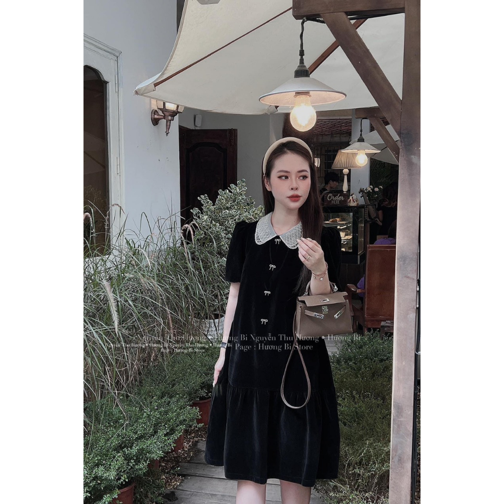 Váy Nhung Đen Nữ Cổ Ren Họa Tiết Phối Cúc Dọc Đầm Nữ Ngắn Tay Cổ Bẻ Kèm Tag Freesize S882