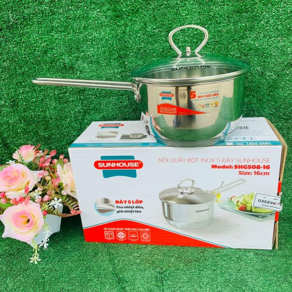 NỒI QUẤY BỘT INOX 5 ĐÁY SUNHOUSE SHG 508 16cm Đáy từ. Dùng được mọi loại bếp
