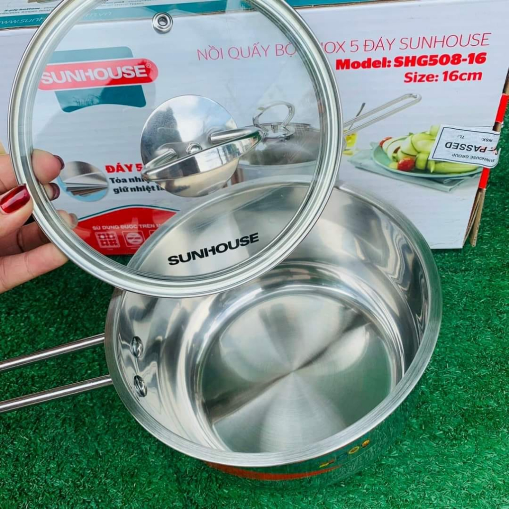 NỒI QUẤY BỘT INOX 5 ĐÁY SUNHOUSE SHG 508 16cm Đáy từ. Dùng được mọi loại bếp