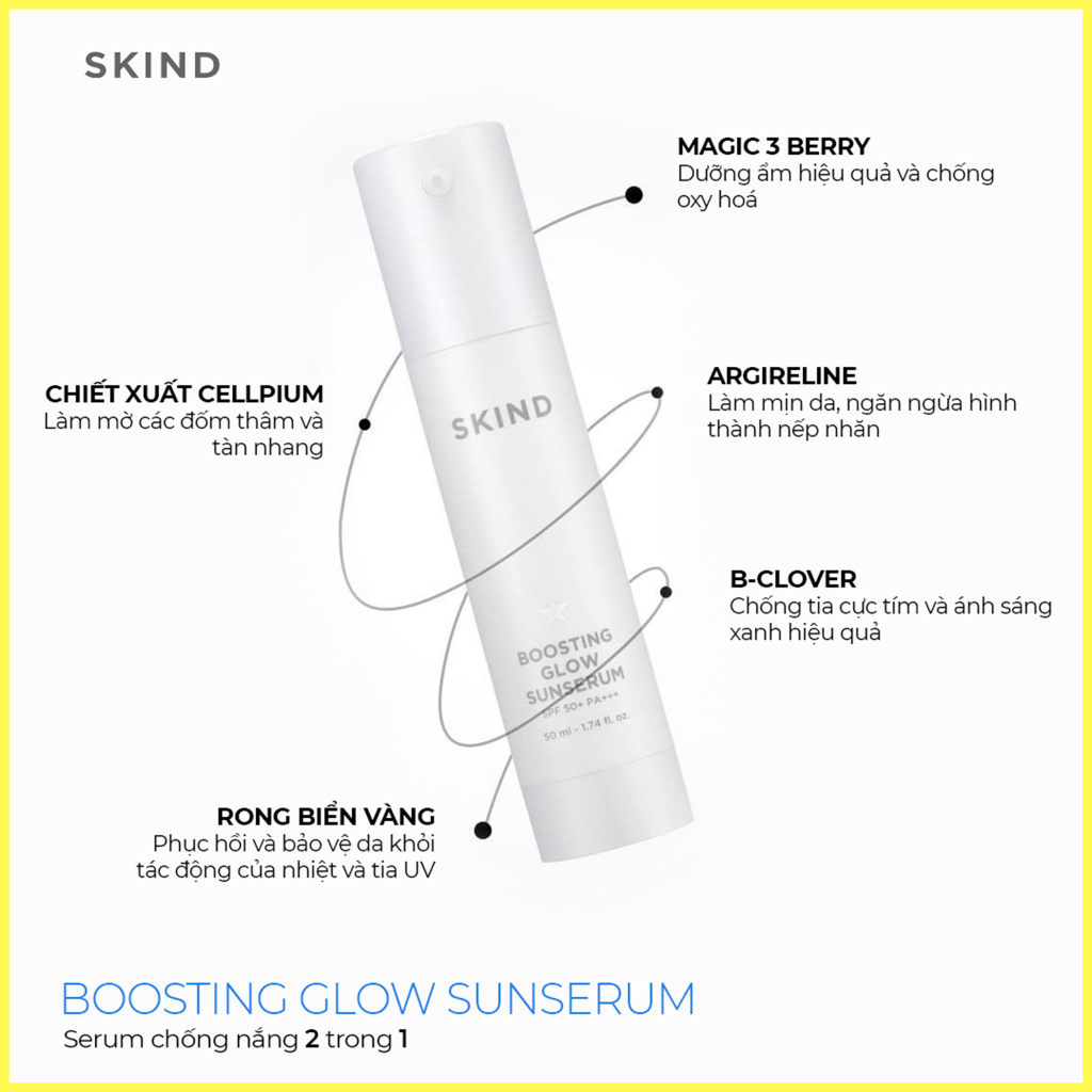 Tinh chất chống nắng 2 trong 1 SKIND Boosting Glow Sun Serum SPF 50+/ PA++++ 50mL