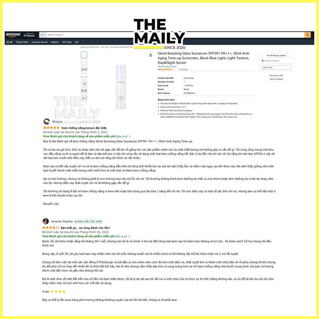 Tinh chất chống nắng 2 trong 1 SKIND Boosting Glow Sun Serum SPF 50+/ PA++++ 50mL