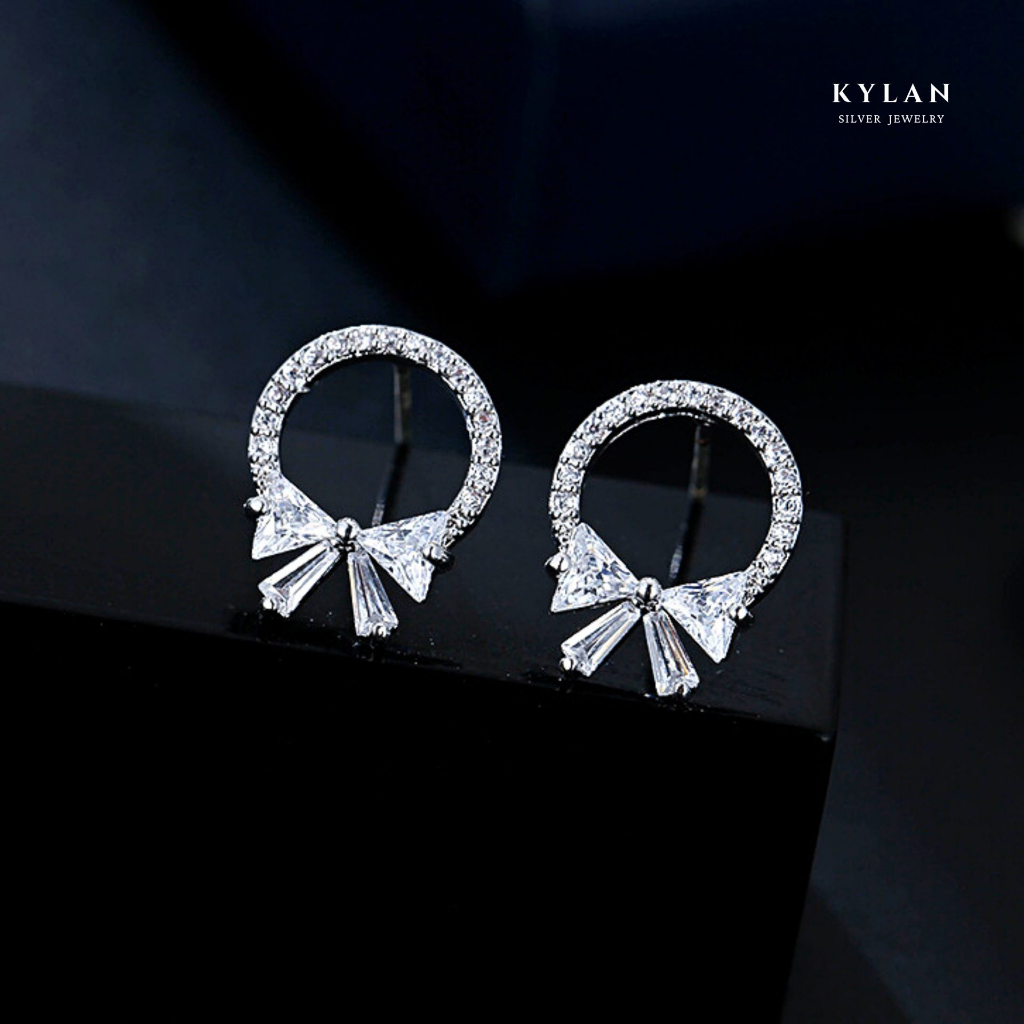 Khuyên Tai Nữ Kylan Silver KL0144 Vòng Hoa Nơ Full Tấm Kim Cương Nhân Tạo 1.5ly